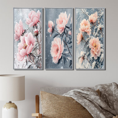 Pivoines au vent d'hiver I - Collection d'art mural traditionnel 3 pièces