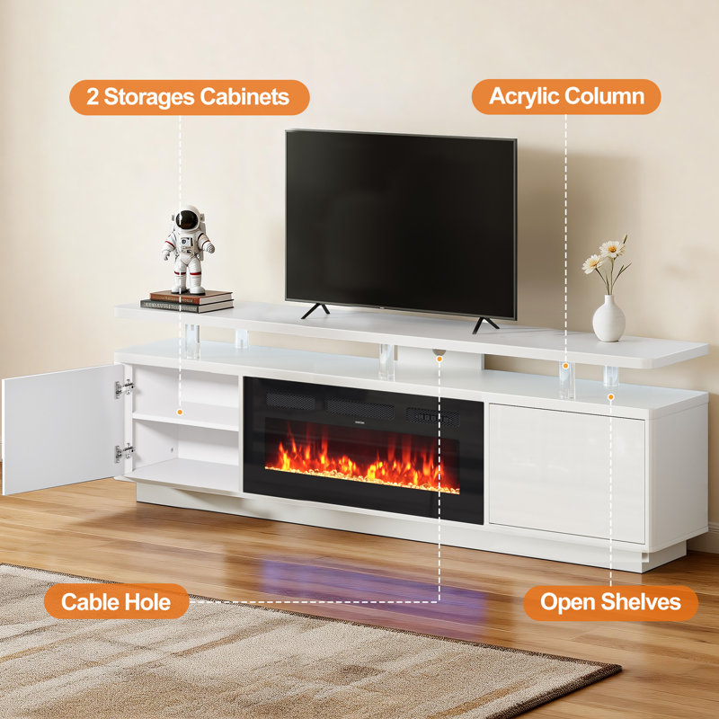 80" 2-Tier Modern TV Stand With 36" Electric Fireplace, Entertainment Center Fits TVs Up to 90", White