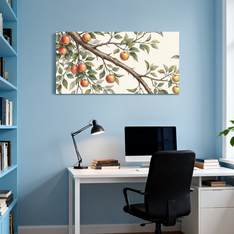 Plantes et fleurs, branche de pommier avec feuilles et fruits, H 16 po x l 32 po