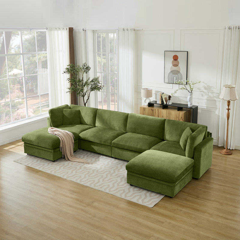 Oversized Down-Filled Modular Sofa With Ottomans, 34.6" H x 154.3" W x 66.9" D, Green
