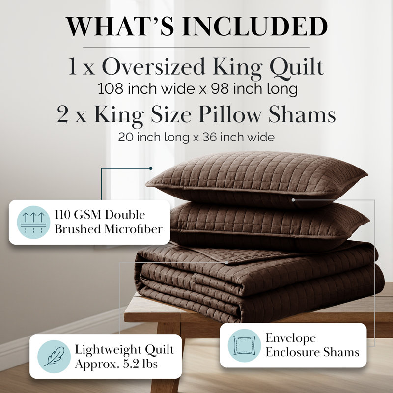 Ensemble de courtepointe surdimensionnée Vilano de Southshore Fine Linens, literie matelassée légère en microfibre doublement brossée et 2 taies d'oreiller king, king/california king, brun chocolat