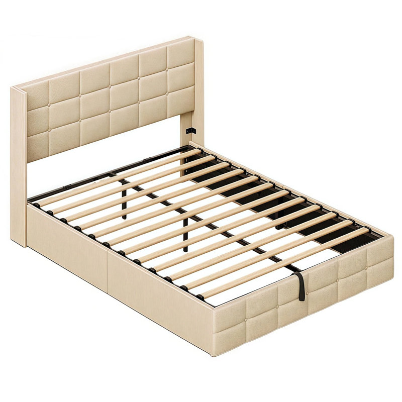 Lit plateforme avec rangement Lift Up et tête de lit Winback, Crème, crème, Grand lit