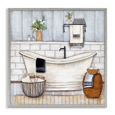 Salle de bain style campagnard baignoire gris neutre dessin - peinture