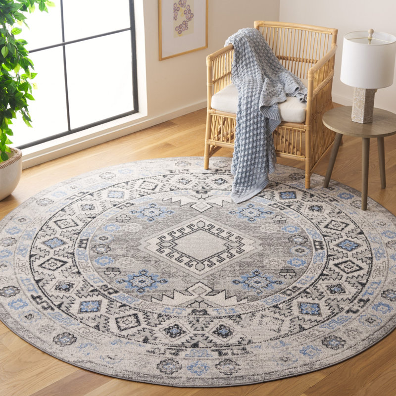 Tapis oriental en polyester tissé à la machine en gris, Rond 6 pi 7 po
