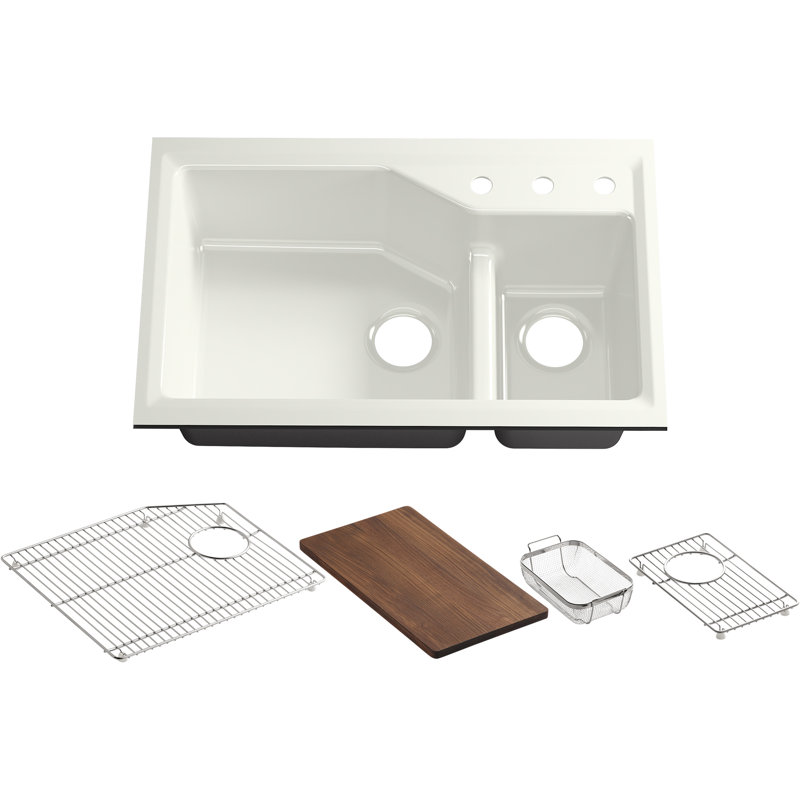 Indio® 33" L x 21.125" W Double Basin Undermount Kitchen Sink with Accessories, 3 hole, Basalt