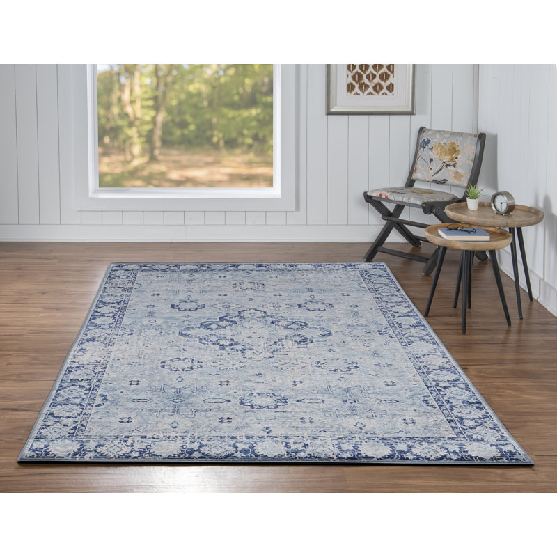 Tapis bleu clair et bleu tissé à plat à la machine Emanuel , Rectangle 5 pi x 7 pi