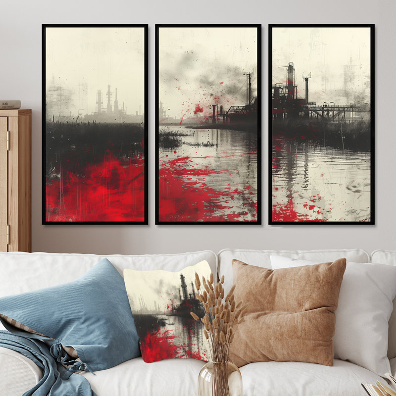 Ensemble de salon art mural rouge et noir, H 28 po x l 36 po x P 1 po, Toile avec cadre flottant noir