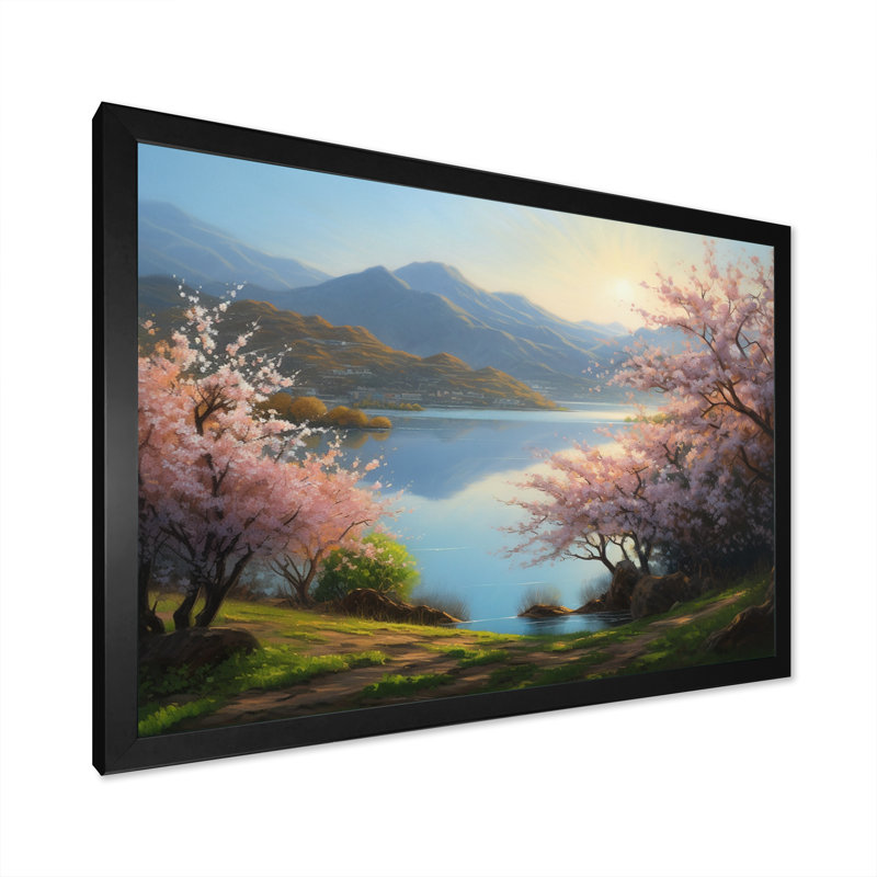 Ramas " Cherry Blossom Trees By The Water I ", Black Single Picture Framed, 12" H x 20" W x 1" D