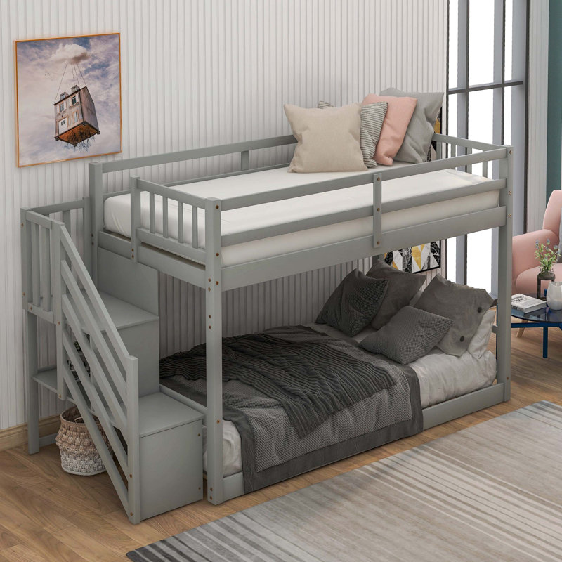 Twin Over Twin Floor Bunk Bed With Storage Ladder, Grey, Grey