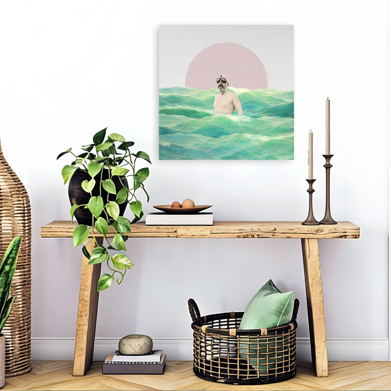 «Retro Swimmer In Waves Peaceful Retro Serene Ocean Landscape», art mural, 24" H x 24" W