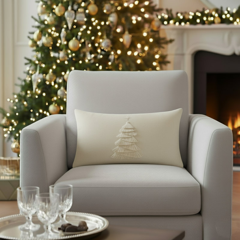 Fraser Fir Indoor/Outdoor Pillow Cover & Insert, Rectangle 12"H x 20"W, Ivory