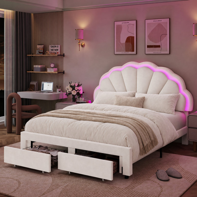 Burlyn Upholstered LED Bed Frame with Drawer & Adjustable Headboard, Full, White