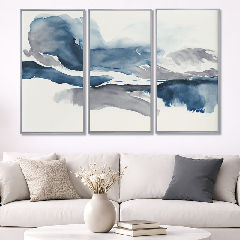 «Through The Sapphire Blue Clouds I», reproduction sur toile 3 pièces, Cadre argenté flottant, H 40 po x l 60 po