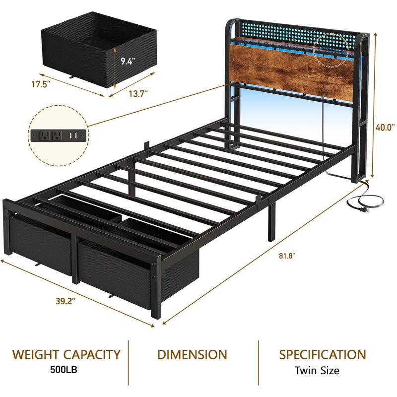Structure de lit simple avec 2 tiroirs en tissu et tête de rangement ouverte, lumière DEL réglable et station de charge, aucun sommier nécessaire
