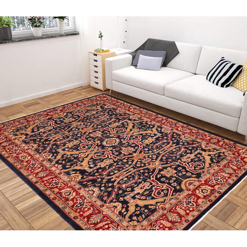 Tapis bleu en laine noué à la main 6 pi 4 po x 9 pi 1 po Baccio