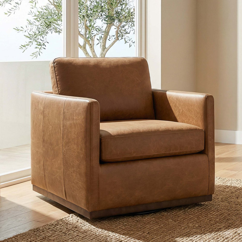 Fauteuil pivotant rembourré en cuir véritable Bobbi, Cuir véritable brun de Marseille