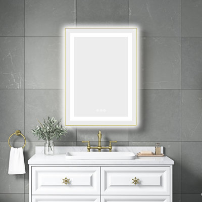 Miroir de salle de bain mural 24 po x 32 po à DEL, cadre en aluminium, brouillard, 3 températures de couleur, gradation continue, réflexion de brouillard