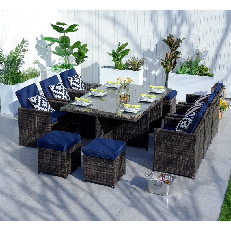 Wicker Patio Dining Set Umbrella Hole Included Rectangular Table with Cushions Included, Navy, Brown