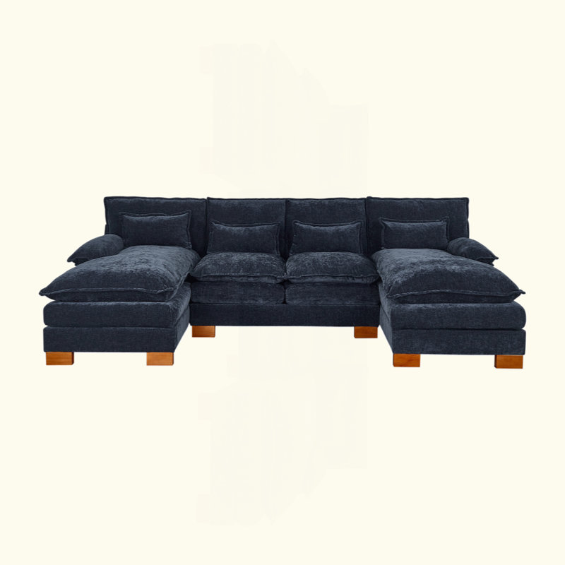 Canapé en chenille avec méridienne double, Bleu