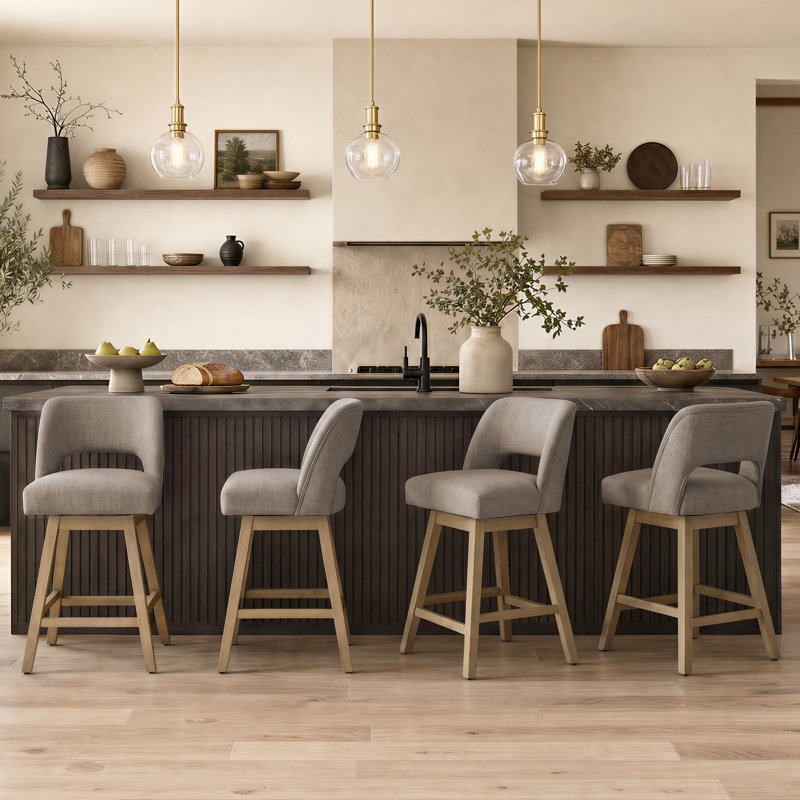 Ensemble de 4 tabourets de bar pivotants de 26 po de hauteur, siège rembourré en polyester sur structure en bois massif, 4
