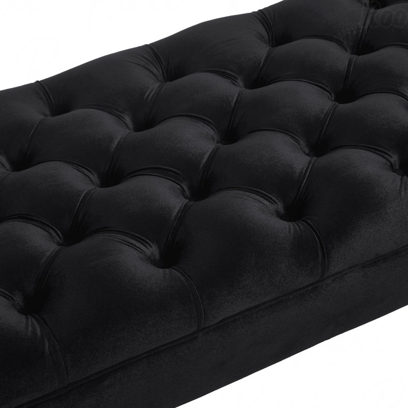 Velvet Fabric Upholstered Long Bench - Button Tufted Seat, For Bedroom, Window & Entryway, Bolster Design, Black