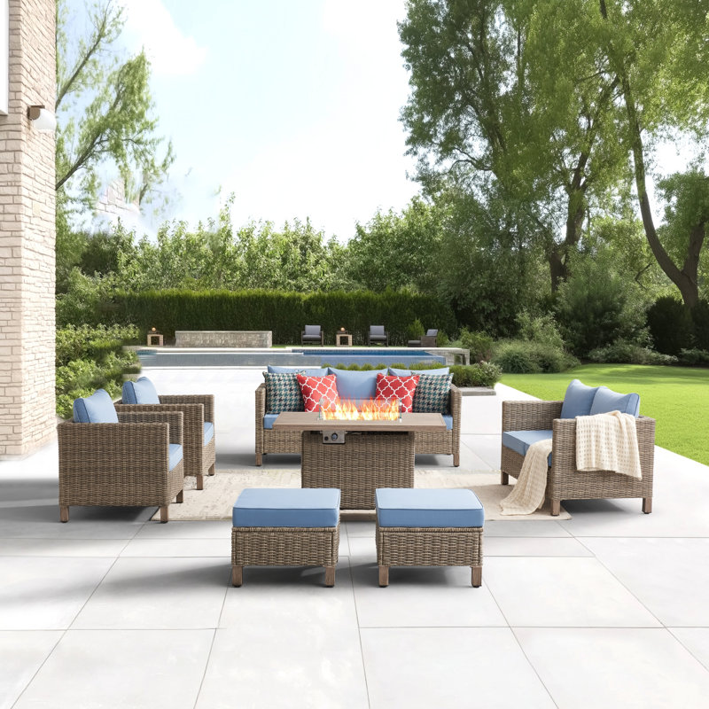 9 - Person Outdoor Wicker Patio Conversation Furniture Set With Fire Pit Table, Blue