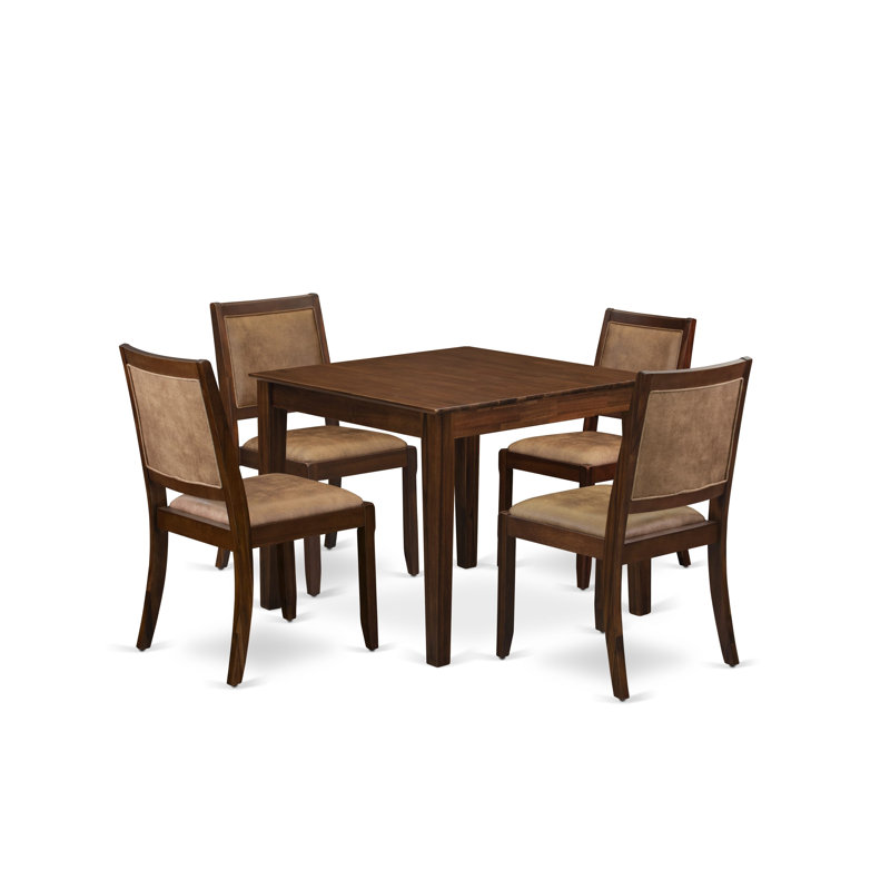 3-piece Dining Room Table Set consists of a square Kitchen Table and 2 Brown Texture Polyester Fabric stackable Chair, Antique Walnut Finish
