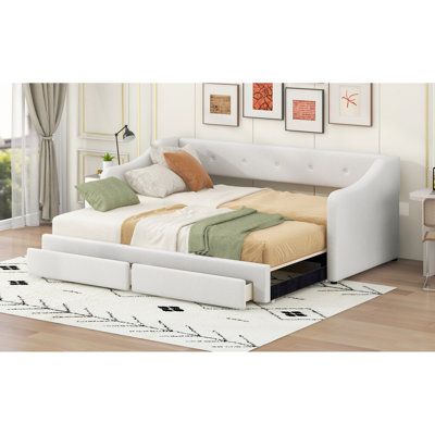 Beige Expandable Upholstered Twin Xl To King Daybed With Pull - Out Drawers, Ergonomic Back And Arm Support, Soft Fabric Buttoned Drawer Surfaces, Comfortable Seating