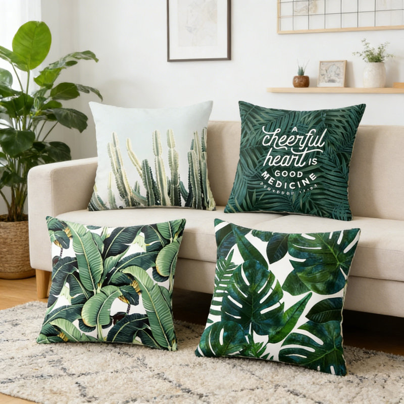Set Of 4 Tropical Pattern Thickened Pillowcase Sofa Throwpillow Case Soft Zipper Polyester Pillow Case 45X45cm/17.7X17.7In, B2