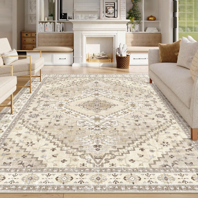Boho Chic Washable Area Rug - Non-Slip Vintage Design Low Pile Carpet , Soft Floor Rug for Living Room, Bedroom & Dining Room