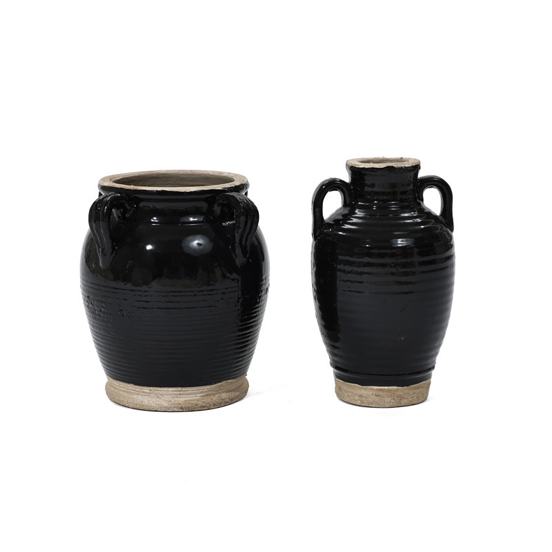 Clarrie Black Vintage Amphora Table Vase Set of 2, Stoneware Decorative Urn Vase with Handle