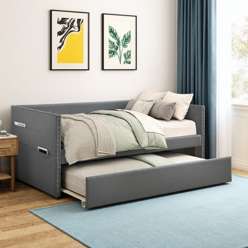 Modern Upholstered Daybed with Pull-Out Trundle - Twin Size Bed with Side Pockets & Nailhead Trim for Bedroom, Living Room, Guest Room