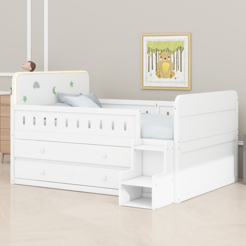 Lit en bois avec lumière DEL, tiroirs de rangement, Blanc