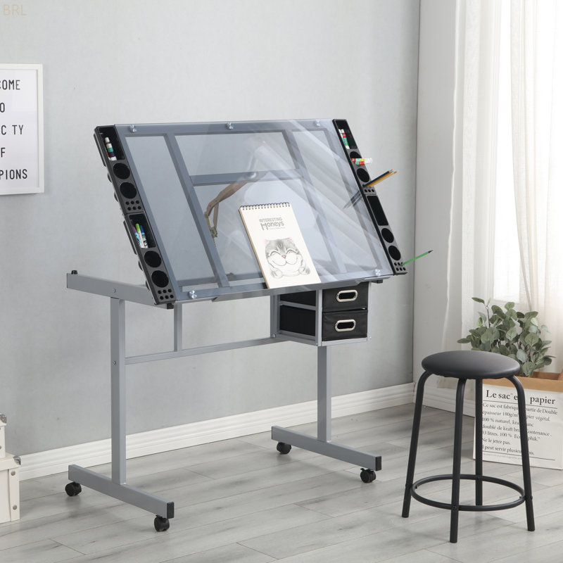 Bureau de dessin réglable réglable avec 2 tiroirs coulissants en tissu non tissé et 4 roulettes