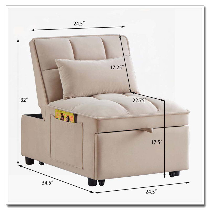 Fauteuil-lit rembourré en velours avec dossier réglable et coussins, Taupe