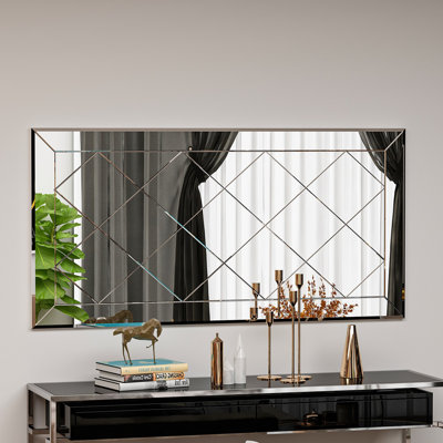 Miroir mural Modern Argyle, 23,6 po x 47,2 po x 0,9 po | 100% panneau de fibres à densité moyenne avec finition écologique Flotale-E | Motif géométrique blanc élégant | Parfait pour la décoration intérieure, le salon ou le vestibule, montage mura