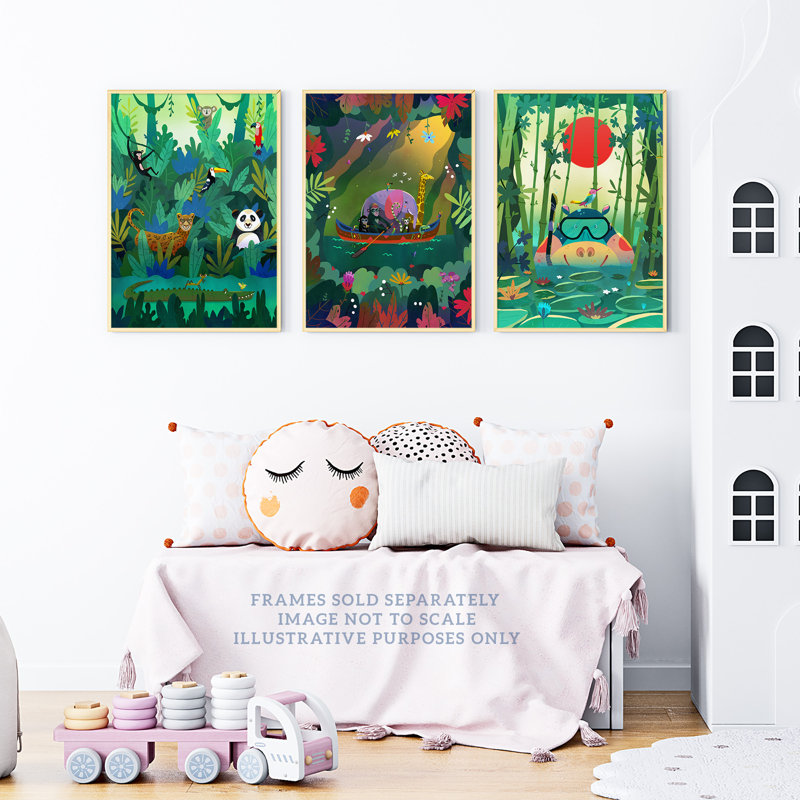 Kids Bedroom Jungle Adventure Rain Forest Animals Colourful - 3 Piece No Frame Print Set, 29.7cm H x 21cm W x 0.4cm D