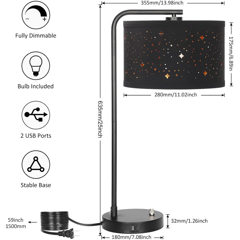 Lampe de chevet moderne avec ports USB C + A, lampe de table de chevet entièrement réglable avec abat-jour étoilé, grande lampe de lecture de bureau pour le salon et la chambre à coucher, comprend une ampoule DEL 3000K