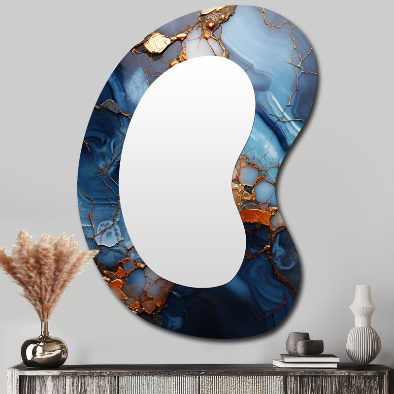 Floy Gold and Blue Marble Mosaic Agate VI - Abstract Unique Shape Decorative Wall Mirror, Modern Asymmetrical Mirror, Printed Metal Art