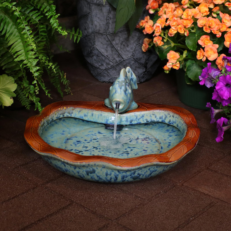 Bromyard Aqua Fish Glazed Ceramic Outdoor Beachcrest Home Water Fountain, Blue/Brown