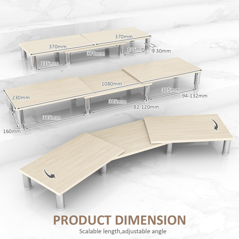 Dual Monitor Riser - Adjustable Length & Angle, Wooden Stand