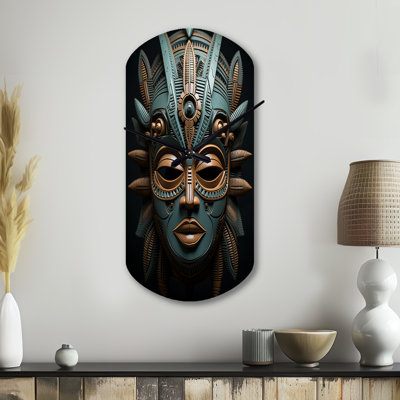 African Tribal Dogon Mask - Cylinder Shape Large Teal Wall Clock - Unique Shape