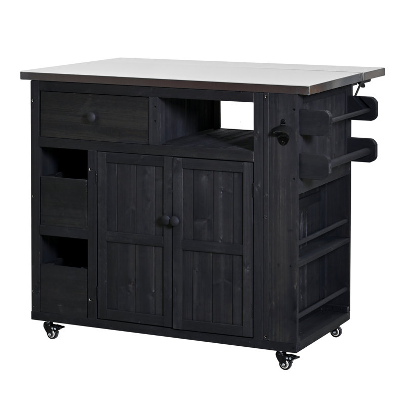 TOPMAX Outdoor Solid Wood Extendable 19.3''/28'' Kitchen Island, Stainless Steel Top Grill Table With Side Spice Rack, Kitchen Cart With Drawers, Storage Cabinet For Backyard, BBQ,Party, Black