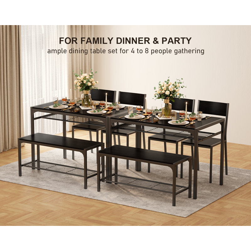 Tamajah 4-Person Dining Table Set with 2 Chairs and Storage Bench for Small Spaces, Black