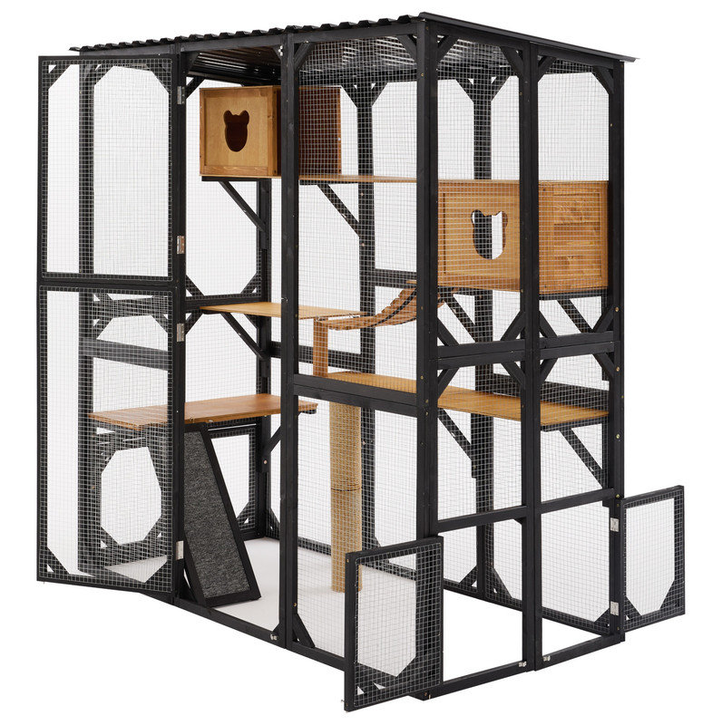 Enclos pour chat d'extérieur en bois de sapin noir et brun, Noir / brun