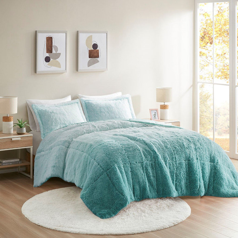 Faux Fur Shaggy Comforter Mini Set with Shams - Hypoallergenic Polyester Filling, Dustproof Design, Ombre Style, Machine Washable