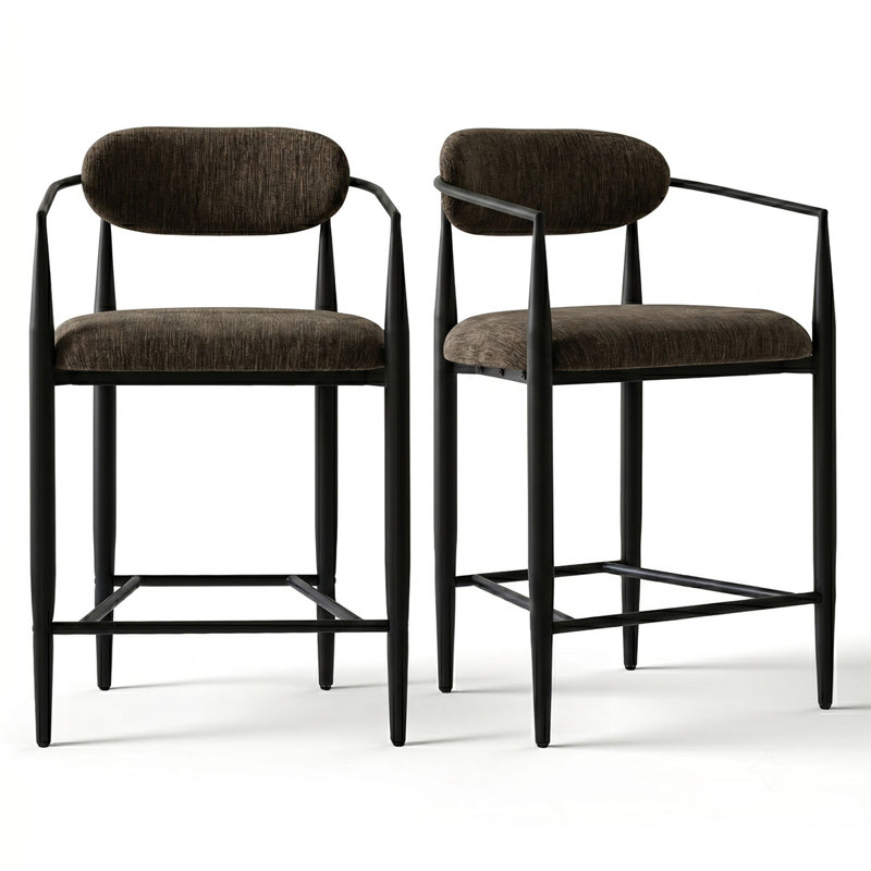 Tabourets de bar en chenille à hauteur de comptoir avec accoudoirs et structure en métal, Brown