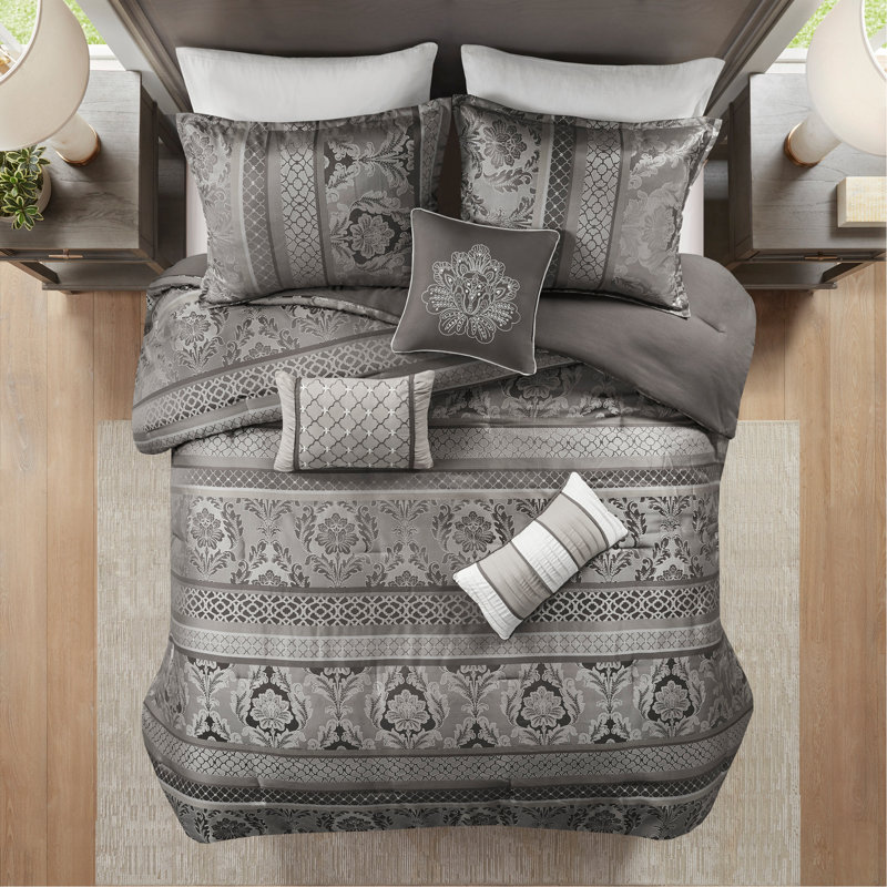 Ensemble d'édredon 7 pièces jacquard gris grand, Grand édredon et 6 pièces supplémentaires
