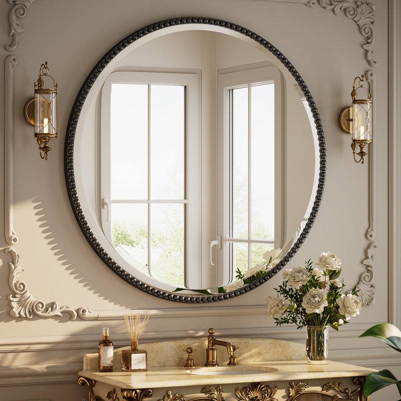 Beaded Round Wall Mirror Decorative Vanity Bathroom Mirror With Resin Frame, 36" H x 36" W, Black