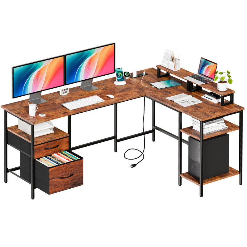 L Shaped Desk with Storage Shelves,Reversible Computer Desk with Built-in Outlets and Moniter Stand, Rustic Brown/Black